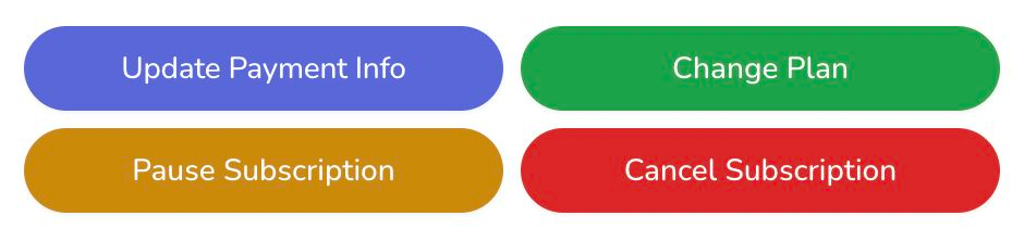 Update Payment Info, Change Plan, Pause Subscription, and Cancel Subscription buttons
