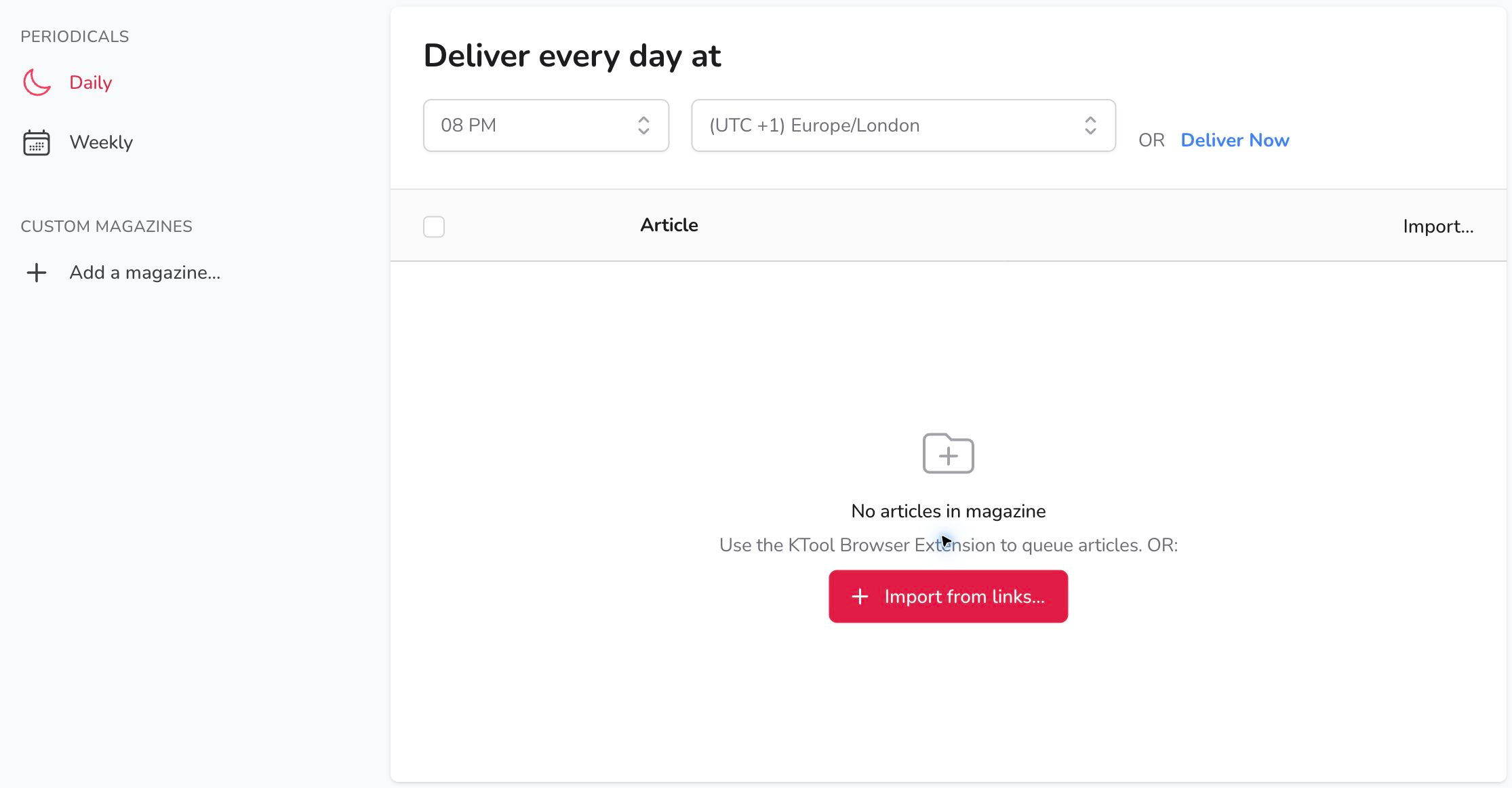 Daily Read with delivery hour, time zone, Deliver Now, and an empty article queue