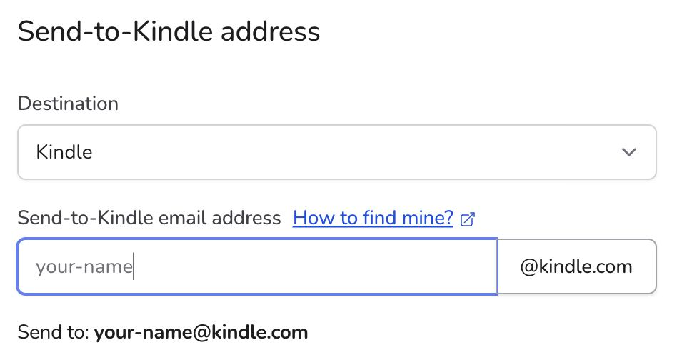 Kindle destination selected with an example username and the full Send to address