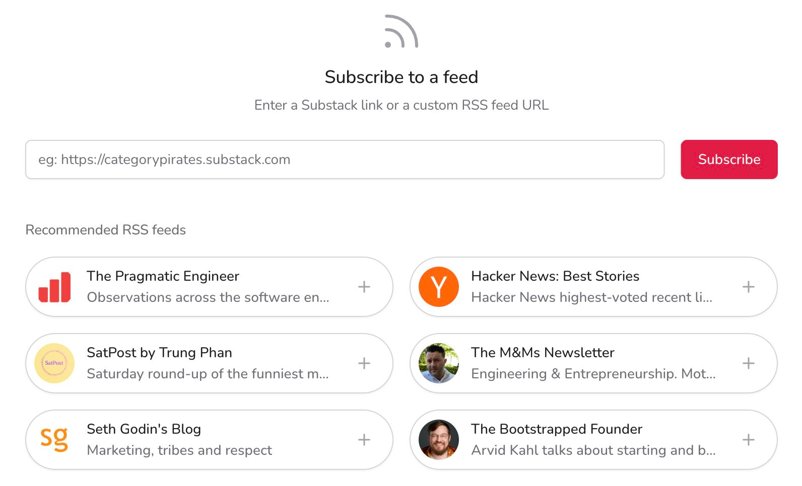 RSS subscription page with a feed URL field, Subscribe button, and suggested feeds