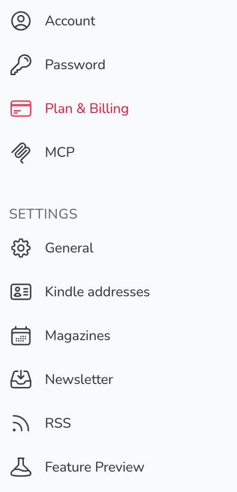 Settings sidebar with Account, Password, Plan & Billing, and Kindle addresses