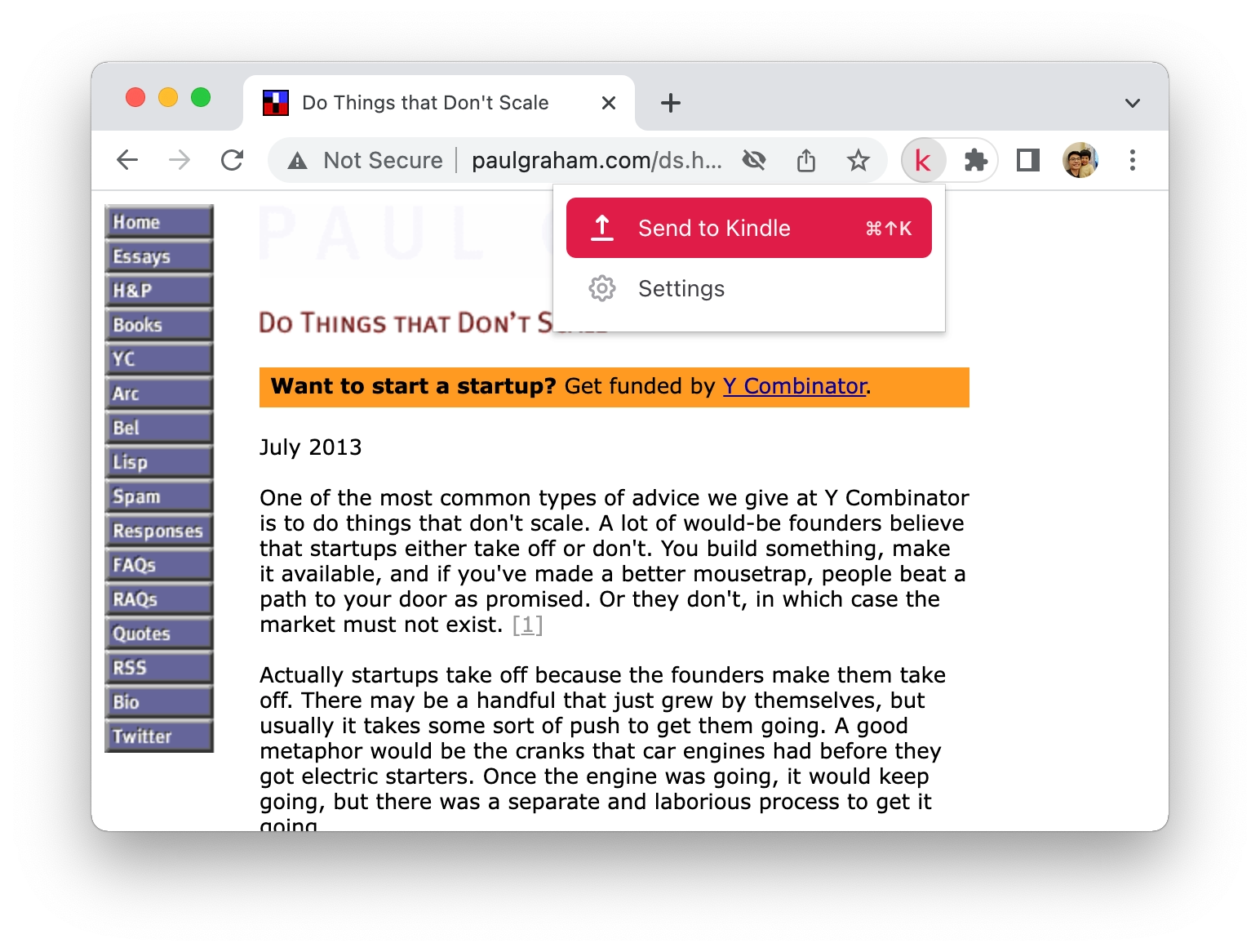 KTool extension popup with Send to Kindle highlighted